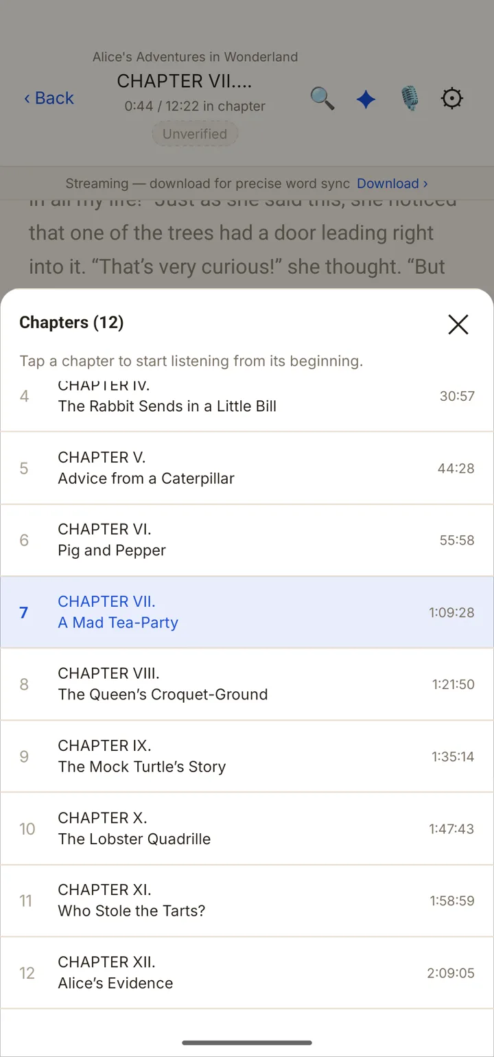 The chapter list of Alice's Adventures in Wonderland on a phone, with A Mad Tea-Party marked as the current chapter