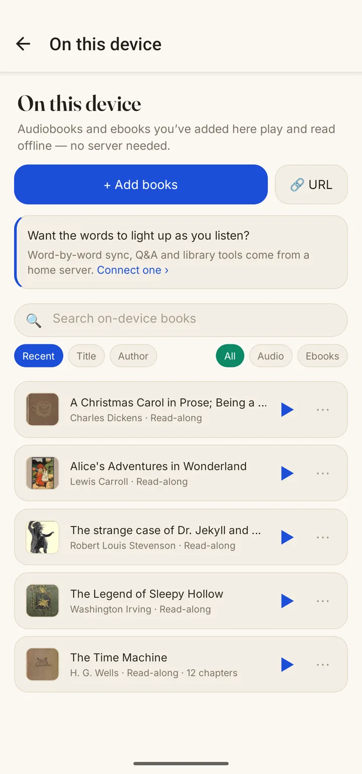 The On this device shelf on a phone: five public-domain books with their covers, ready to play with no server connected